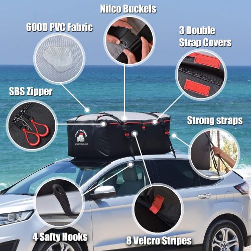  Justin Case Roof Bag - Car Top Carrier - 19 Cubic Feet  Heavy Duty, Waterproof Rooftop Cargo Carrier Bag for Extra Car Roof Storage  Roof Bag Straps & Hooks Included, Works Without Roof Rack
