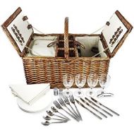 Juvale Delux Double Lid Classic Wicker Picnic Basket - Large 4-Person Picnic Supply Set with Insulated Cooler Bag, Includes Silverware, Glasses and Accessories