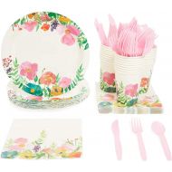 Juvale Watercolor Floral Party Bundle, Includes Plates, Napkins, Cups, and Cutlery (24 Guests,144 Pieces)