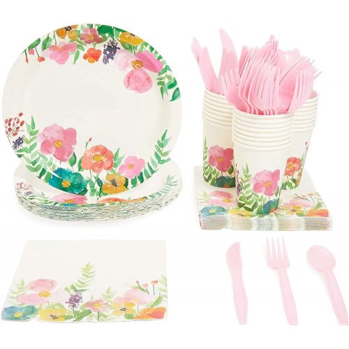  Juvale Watercolor Floral Party Bundle, Includes Plates, Napkins, Cups, and Cutlery (24 Guests,144 Pieces)