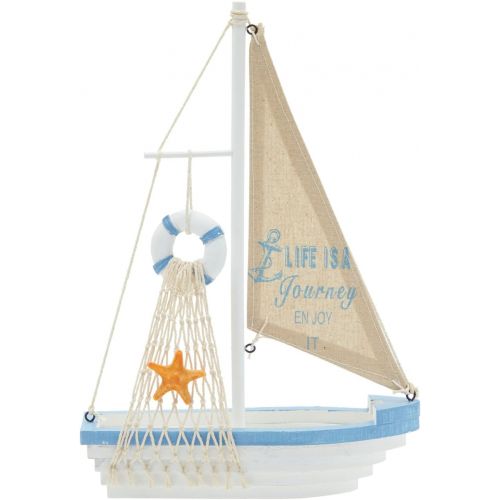  Juvale Sailboat Model Decoration - Wooden Sailing Boat Home Decor Set, Beach Nautical Design, Navy Blue and White with Lifebuoy, 12.5 x 8.25 x 3 Inches