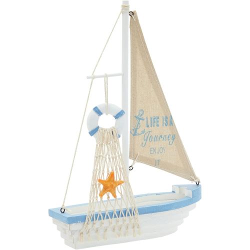  Juvale Sailboat Model Decoration - Wooden Sailing Boat Home Decor Set, Beach Nautical Design, Navy Blue and White with Lifebuoy, 12.5 x 8.25 x 3 Inches