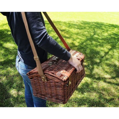  Juvale Wicker Picnic Basket for 4 Person  Large Willow Picnic Hamper with Insulated Cooler and Utensils Cutlery Flatware Supplies Set for Outdoor Camping - 18 x 12 x 10 Inches, Br