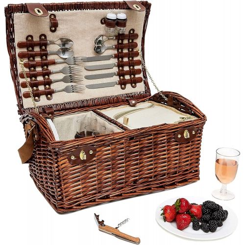  Juvale Wicker Picnic Basket for 4 Person  Large Willow Picnic Hamper with Insulated Cooler and Utensils Cutlery Flatware Supplies Set for Outdoor Camping - 18 x 12 x 10 Inches, Br