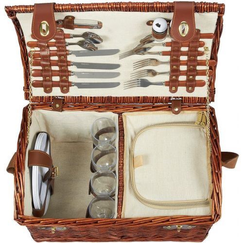  Juvale Wicker Picnic Basket for 4 Person  Large Willow Picnic Hamper with Insulated Cooler and Utensils Cutlery Flatware Supplies Set for Outdoor Camping - 18 x 12 x 10 Inches, Br