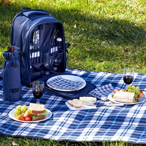  Juvale Picnic Backpack for 4 Person - Waterproof Picnic Basket Bag with Cooler Compartment, Cutlery Set, Detachable Wine Bottle Holder and Blanket for Outdoor Camping  Blue