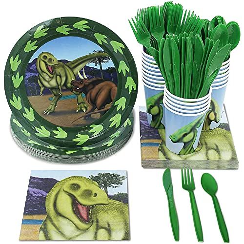  Juvale Dino Party Supplies, Bundle Includes Plates, Napkins, Cups, and Cutlery (Serves 24, 144 Pieces)