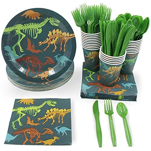  Juvale Dinosaur Party Bundle, Includes Plates, Napkins, Cups, and Cutlery (24 Guests,144 Pieces)