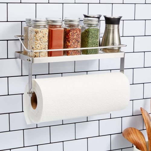  Juvale Wall Mount Paper Towel Holder with Shelf, Stainless Steel Kitchen Accessory (12.3 x 6 x 4.3 in)