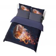 Jwellking American Football Queen Size Kids Bedding Set,Flame Football Printed in Dark Blue Duvet Cover Set. 3pcs(1 Duvet Cover,2 Rugby Pillowcases),No Comforter Inside.