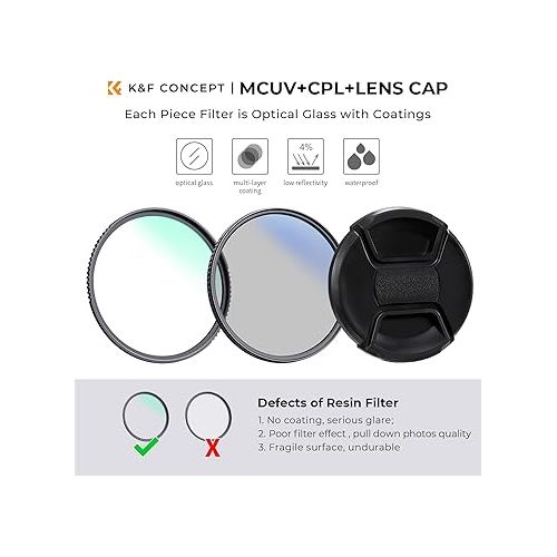  K&F Concept 77mm UV CPL Lens Cap Filters Kit -18 Multi-Coated MCUV Lens Protection Filter+ Circular Polarizer+Lens Cover+Cleaning Cloths Kit for Camera Lens (K Series)
