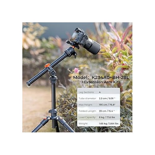  K&F Concept 76 inch Camera Tripod with Rotatable Multi-Angle Center Column,Lightweight Travel Outdoor DSLR Tripods with 360 Degree Ball Head Load Capacity 8kg/17.6lbs, Cellphone Clips for Smartphone