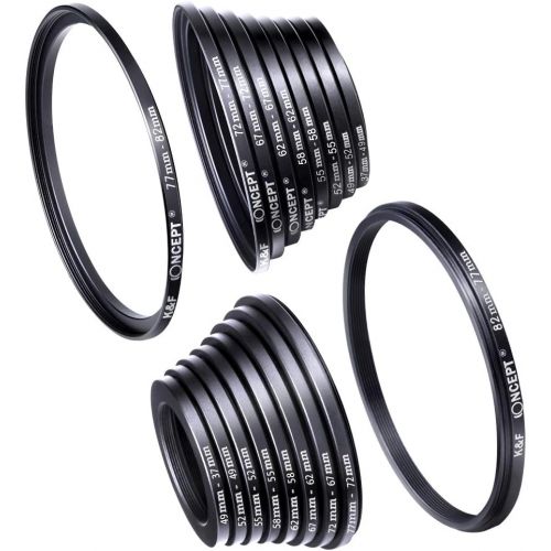  K&F Concept 18 Pieces Filter Ring Adapter Set, Camera Lens Filter Metal Stepping Rings Kit (Includes 9pcs Step Up Ring Set + 9pcs Step Down Ring Set) Black