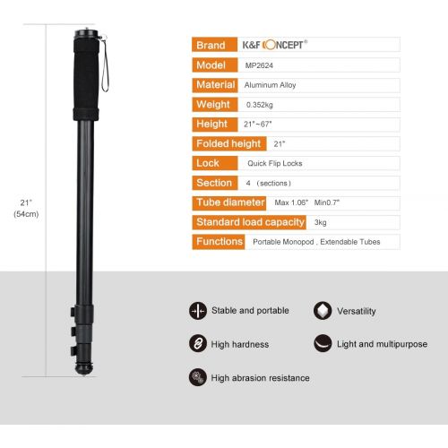  Camera Monopod,K&F Concept 4-Section 67/171CM Compact Portable Travel DSLR Monopod Unipod Stand Walking Trekking Stick Aluminum Alloy Lightweight SLR Cameras Camcorder Video