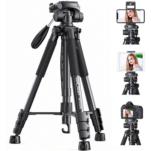  K&F Concept 56/142cm Aluminum Lightweight Travel Video Tripod 3-Way Swivel Pan Tilt Head with Cellphone Holder Smartphone Clip Quick Release Plate for Phone SLR DSLR Camera