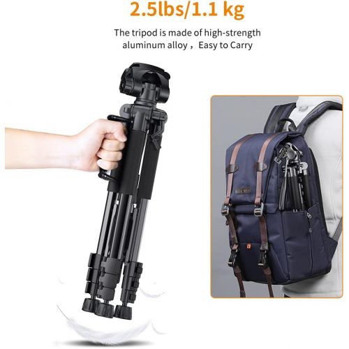  K&F Concept 56/142cm Aluminum Lightweight Travel Video Tripod 3-Way Swivel Pan Tilt Head with Cellphone Holder Smartphone Clip Quick Release Plate for Phone SLR DSLR Camera