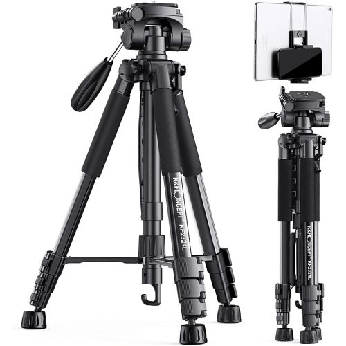  K&F Concept 56/142cm Aluminum Lightweight Travel Video Tripod 3-Way Swivel Pan Tilt Head with Cellphone Holder Smartphone Clip Quick Release Plate for Phone SLR DSLR Camera