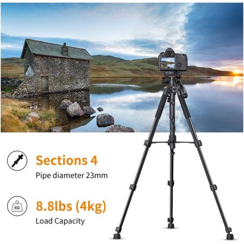  K&F Concept 56/142cm Aluminum Lightweight Travel Video Tripod 3-Way Swivel Pan Tilt Head with Cellphone Holder Smartphone Clip Quick Release Plate for Phone SLR DSLR Camera