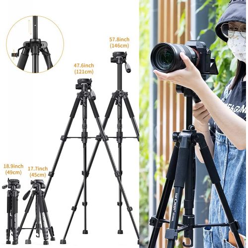  K&F Concept 56/142cm Aluminum Lightweight Travel Video Tripod 3-Way Swivel Pan Tilt Head with Cellphone Holder Smartphone Clip Quick Release Plate for Phone SLR DSLR Camera