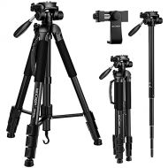 K&F Concept 70/177cm Portable Tripod,Outdoor Travel Tripod Compact Aluminum Video Tripod Monopod with 3-Way Swivel Pan Tilt Head Cellphone Holder Smartphone Clip for Phone DSLR Cam