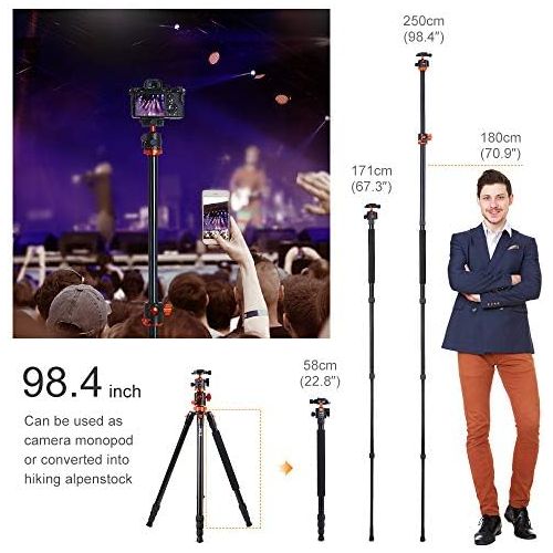  [아마존베스트]K&F Concept SA254T1 238 cm tripod, camera tripod with extended 90-degree centre columns, 360° panorama photo tripod with carrying case and quick release flap for Sony, Canon, Nikon