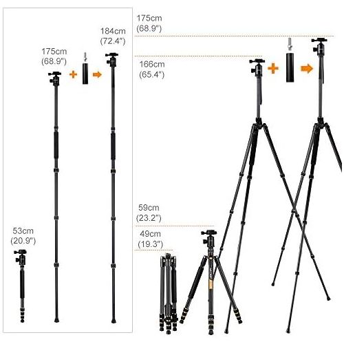  [아마존베스트]K&F Concept TC2534 Carbon Fibre Tripod with Monopod, 66 Inch Professional Carbon Tripod, Load Capacity 12 kg, Camera Tripod for DSLR, Canon, Nikon, Simga, Tamron, Sony Cameras