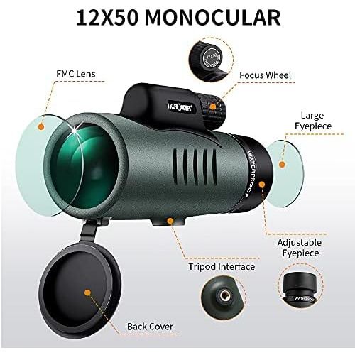  [아마존베스트]K&F Concept Monocular Telescope Waterproof 12 x 50 HD Mobile Phone Telescope with Phone Clip