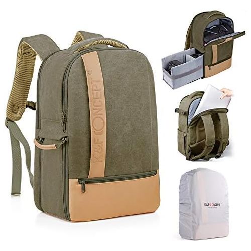  K&F Concept Camera Backpack Stylish Canvas Photography Bag with Rain Cover for DSLR Camera,14 inch Laptop,Tripod,Lenses