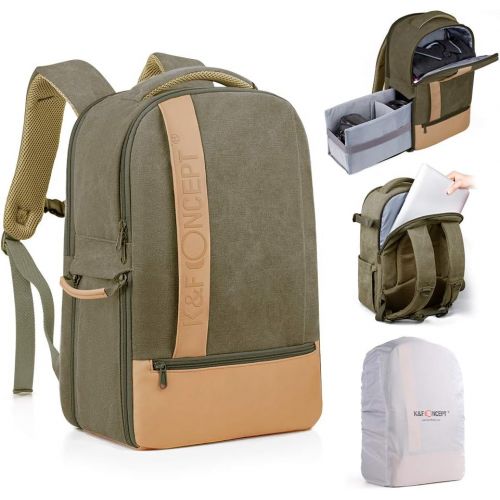  K&F Concept Camera Backpack Stylish Canvas Photography Bag with Rain Cover for DSLR Camera,14 inch Laptop,Tripod,Lenses