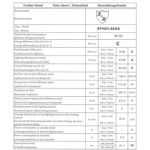  [아마존베스트]K&H 60cm Cooker Hood Flat Hood LED 600m3/h Stainless Steel Energy Class A EFH03-60AS