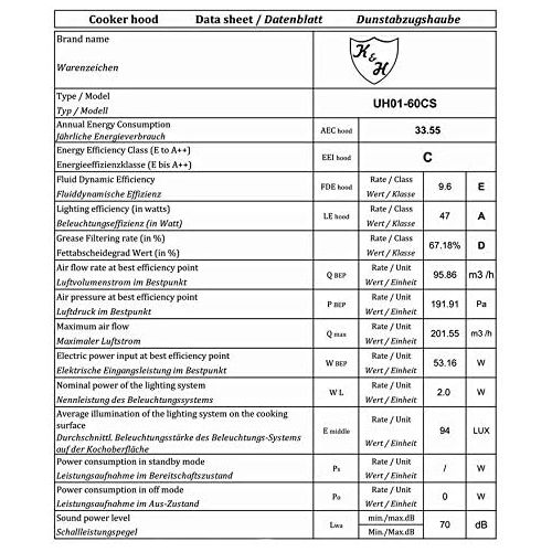  [아마존베스트]K&H UH01-60CS Under-Unit Cooker Hood LED 200 m³/h Energy Class C Metal Grease Filter Stainless Steel 60 cm