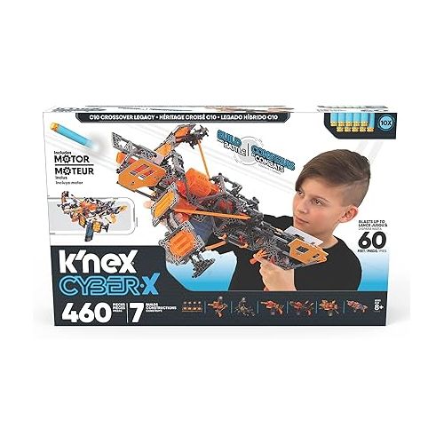  K'NEX Cyber-X C10 Crossover Legacy with Motor - Blasts up to 60 ft - 460 Pieces, 7 Builds, Targets, 10 Darts - Great Gift Kids 8+, includes 460 K'NEX parts and pieces
