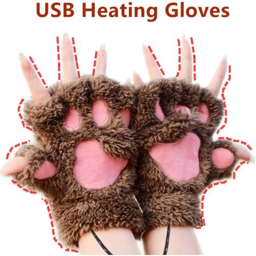  [아마존베스트]Kbinter USB 2.0 Powered Stripes Heating Knitting Wool Cute Heated Paw Gloves Fingerless Hands Warmer Mittens Laptop Computer Warm Gloves for Women Men Girls Boys 4 Pack (Brown+Blac