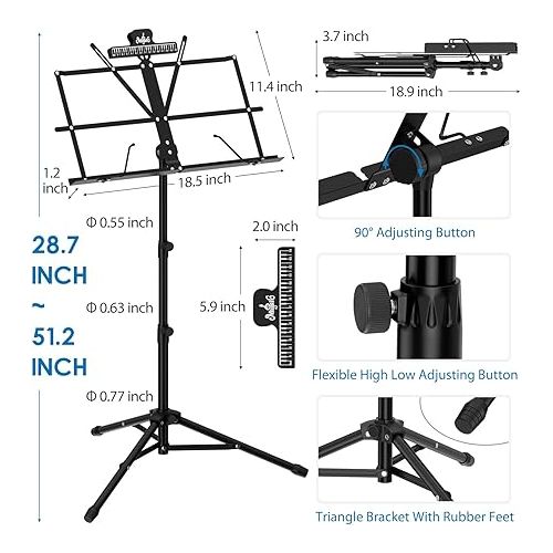  K KASONIC - Music Stand, 2 in 1 Dual-Use Folding Sheet Music Stand & Desktop Book Stand, Portable Lightweight with Music Sheet Clip Holder & Carrying Bag Suitable for Instrumental Performance (Black)