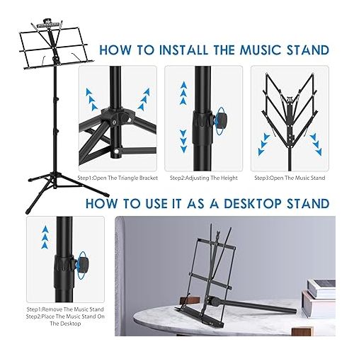  K KASONIC - Music Stand, 2 in 1 Dual-Use Folding Sheet Music Stand & Desktop Book Stand, Portable Lightweight with Music Sheet Clip Holder & Carrying Bag Suitable for Instrumental Performance (Black)