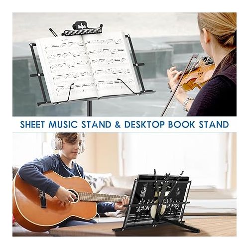  K KASONIC - Music Stand, 2 in 1 Dual-Use Folding Sheet Music Stand & Desktop Book Stand, Portable Lightweight with Music Sheet Clip Holder & Carrying Bag Suitable for Instrumental Performance (Black)