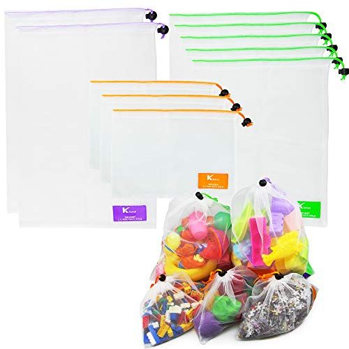  [아마존베스트]K Kichuzl 10-Piece Mesh Beach Toy Bag Set - 2 Large, 5 Medium, 3 Small Drawstring Netted Sand, Pool and Bathtub Toy Bags - Portable, Heavy-Duty Bath Tub Baby Toy Organizer Holder S