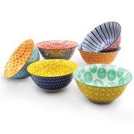 K KitchenTour KitchenTour Porcelain Bowls 6 Packs - Large Ceramic Bowls for Cereal, Soup, Salad, Pasta, Rice - Assorted Colorful Design