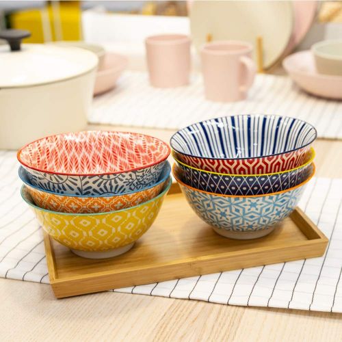  K KitchenTour KitchenTour Porcelain Bowls 6 Packs - Large Ceramic Bowls for Cereal, Soup, Salad, Pasta, Rice - Assorted Colorful Design