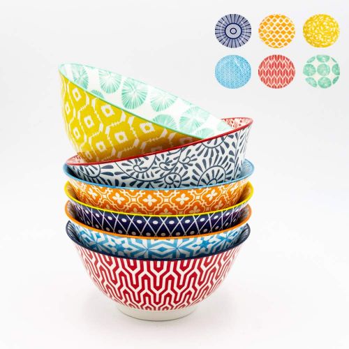  K KitchenTour KitchenTour Porcelain Bowls 6 Packs - Large Ceramic Bowls for Cereal, Soup, Salad, Pasta, Rice - Assorted Colorful Design