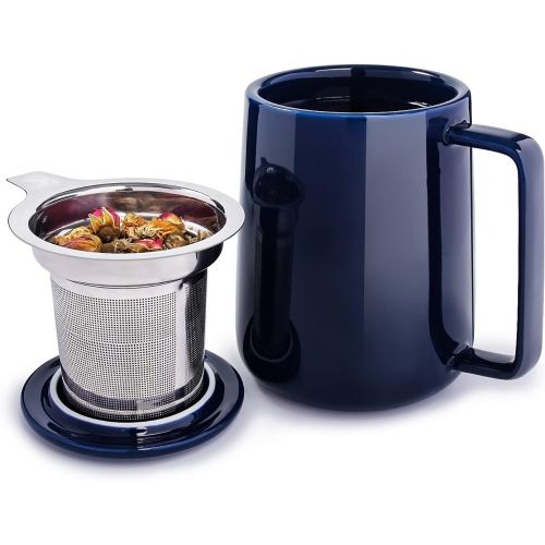  [아마존베스트]K KitchenTour KitchenTour Porcelain Tea Mug with Infuser and Lid - Large Capacity Mug with Infuser Basket - 20oz, Steel Blue