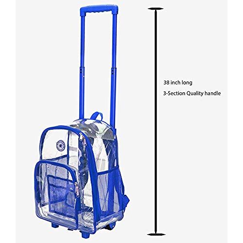  K-Cliffs Rolling Clear Backpack Heavy Duty Bookbag See-thru Workbag Travel Daypack Transparent School Luggage with Wheels Royal Blue
