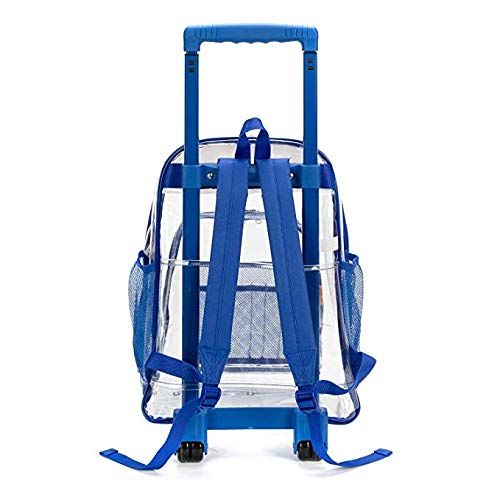  K-Cliffs Rolling Clear Backpack Heavy Duty Bookbag See-thru Workbag Travel Daypack Transparent School Luggage with Wheels Royal Blue