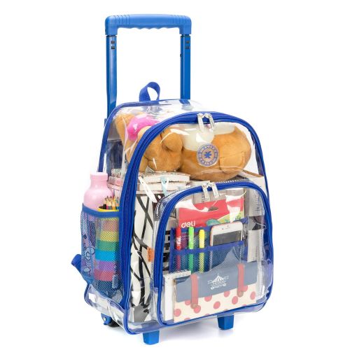  K-Cliffs Rolling Clear Backpack Heavy Duty Bookbag See-thru Workbag Travel Daypack Transparent School Luggage with Wheels Royal Blue