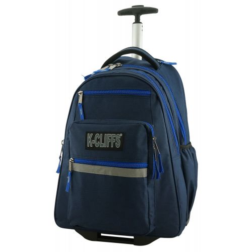  K-Cliffs Heavy Duty Rolling Backpack School Backpacks with Wheels Deluxe Trolley Book Bag Wheeled Daypack Workbag Multiple Pockets Bookbag with Safety Reflective Stripe Navy Blue