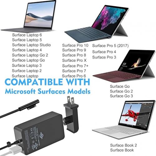  65W Surface Pro Laptop Charger for Microsoft Surface Pro 10 9 8 7+ X 7 6 5 4 3, Windows Surface Laptop 6 5 Studio 4 Go 3 2, Surface Go 2 3, Surface Book 2 1, Support 44W 36W, 11.2FT Cord, Travel Case