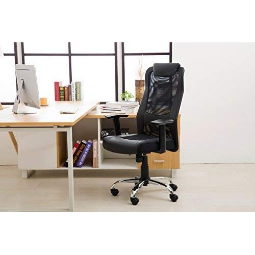  KADIRYA High Back Mesh Office Chair - Ergonomic Computer Desk Task Executive Chair with Padded Leather Headrest and Seat, Adjustable Armrests, Black