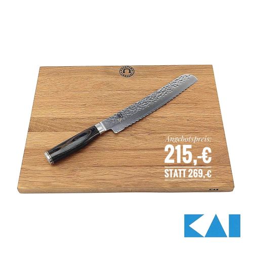  KAI/Palatina Werkstatt Kai Shun Premier Tim Malzer Angebotsset | TDM-1705, ultrascharfe japanische Brotmesser aus Damaststahl | + grosses massives Schneidebrett von Kai 40x30 cm | VK: 279,- €