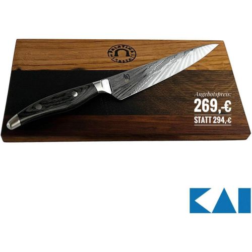  KAI/Palatina Werkstatt Kai Shun Geschenkbox Nagare NDC-0701 Serie ultrascharfes Allzweckmesser Klinge 15 cm + Schneidebrett aus Fassholz (Eiche) 25x15