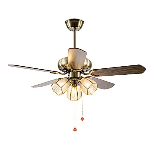  KAISITE 42-Inch Ceiling Fan, Rustic Flush Mount Ceiling Fan with Pull Chain Control and Frosted Glass Lampshade, Low Profile Ceiling Fan with E26 Bulb Socket and 4 Plywood Blades (